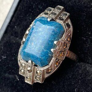 Antique Vintage 1930s Art Deco Sterling Silver Blue Stone Marcasite Ring Size 4.